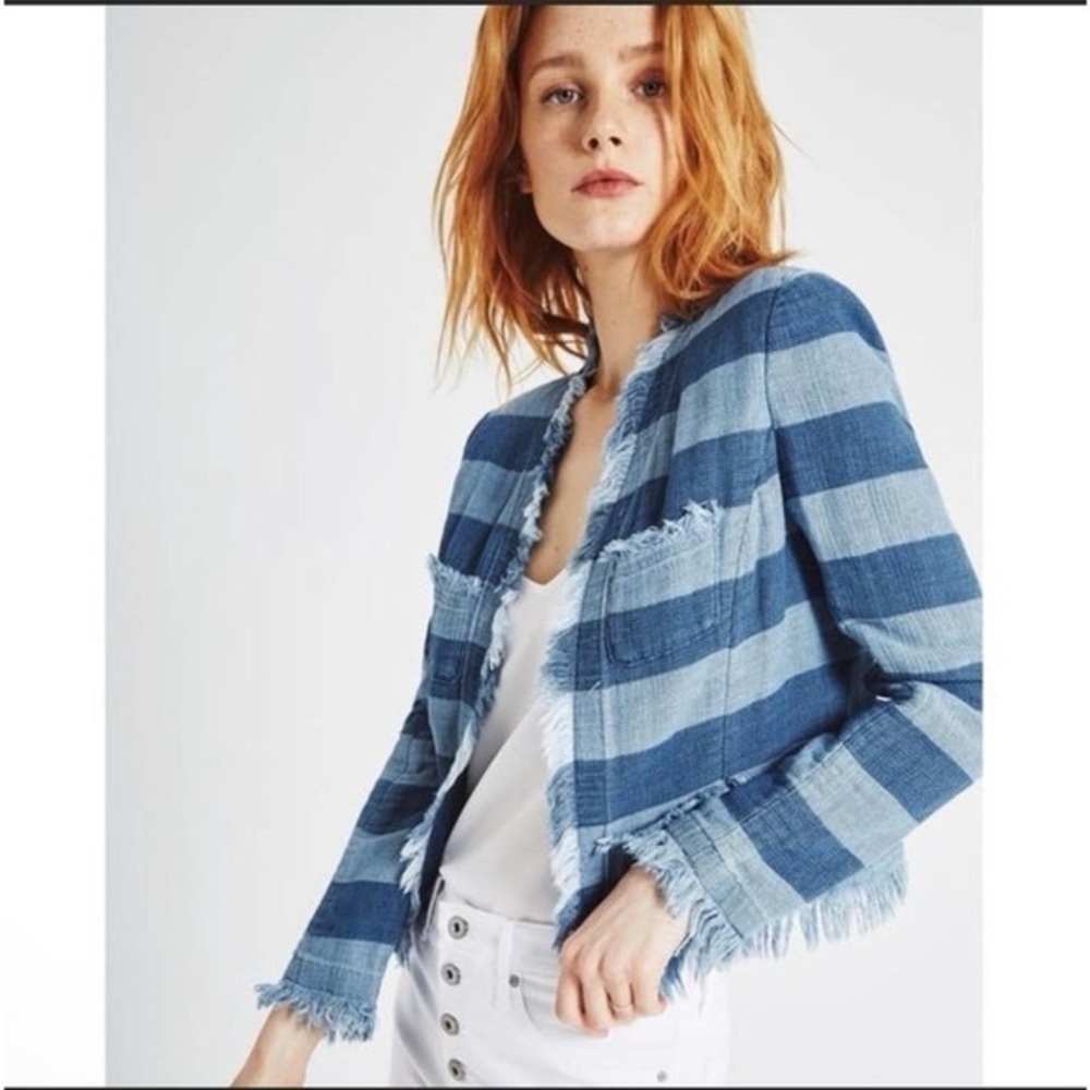 Ag Adriano Goldschmied Striped Blue Fringe Cropped Blazer